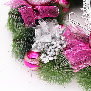 Pink and green Christmas wreath with 40cm pine needles, ornaments, and silver lettering