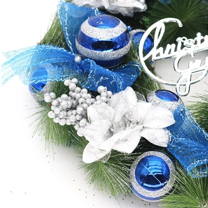 Blue and silver 40cm Christmas wreath with pine needles, ornaments and Xmas letters