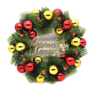 40cm Green Christmas wreath with gold and red baubles and festive greetings sign