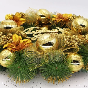 Golden Christmas wreath with ornaments, pine needles and Merry Christmas sign, 40cm size