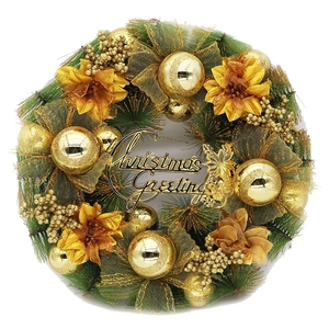 40cm Christmas wreath with gold baubles, flowers and 'Christmas Greetings' signage