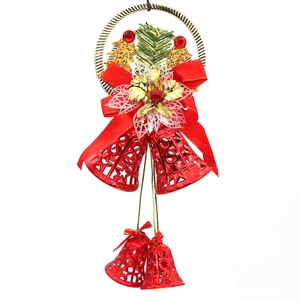 Decorazione natalizia con campanelli traforati rossi da 26cm e nastro con fiori glitterati