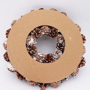 37cm white pine cone Christmas wreath with LED lights and snowy finish on a round base