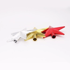 Star tree topper ornaments in gold silver and red with ribbed texture and base