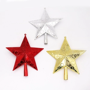 Three 14.5cm Christmas tree top stars in red, gold, and silver with embossed patterns