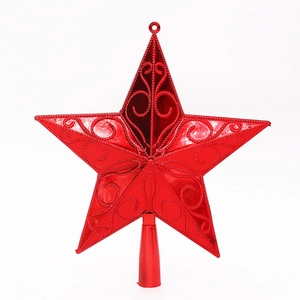 Red 14.5cm 3D star tree topper with relief patterns and glossy metallic finish