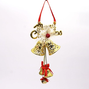 Golden Merry Christmas bells ornament with red bows and white snowflakes for tree decor
