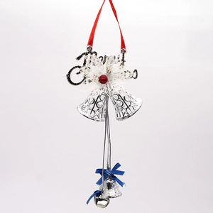 25cm silver Christmas bell wreath with Merry Christmas lettering and red silk ribbon hanger