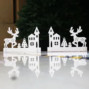 White Christmas plastic fence decoration featuring reindeer, snowmen, and star trees