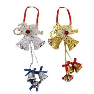 Christmas bell wreath ornaments with Merry Christmas lettering in gold red and silver blue