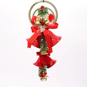 29cm Christmas pine hanging decor with red ribbons and twin bells on white background