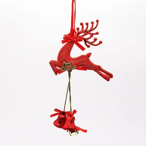 Red 26cm glitter Christmas reindeer ornament with bells and Merry Christmas sign