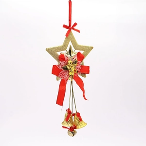 Golden 34cm Christmas star ornament with angel decor, red bow and three jingling bells