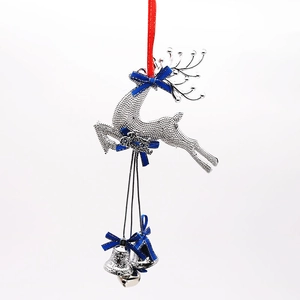 26cm Silver reindeer Christmas pendant with bells, blue bows, and Merry Christmas sign