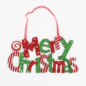 Sparkling Merry Christmas letter sign with glitter and red ribbon for tree decoration