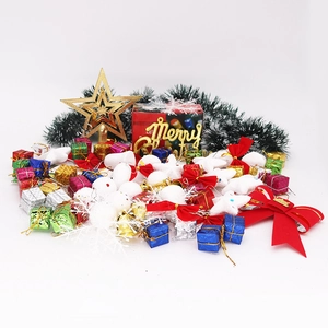 Detailed set of Christmas tree ornaments including star topper bows and gift boxes