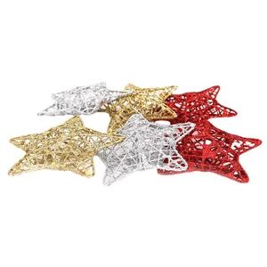 Set of 8.5cm glittered wire star ornaments in gold, silver, and red for Christmas decor