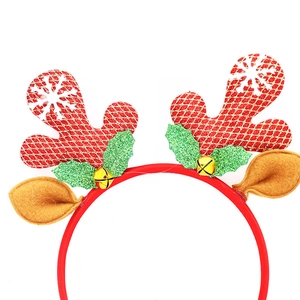 Christmas reindeer antler headband with red glitter plaid, golden bells, and snowflake patterns