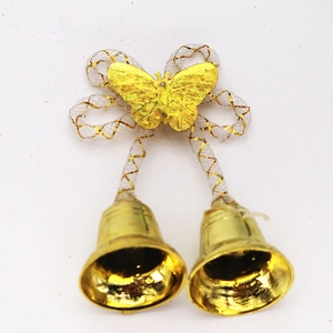 Golden Christmas bell ornaments with white mesh bow and glitter butterfly for tree decoration