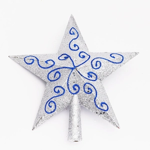 Silberne 20cm Christbaumspitze Stern mit blauen Glitzermustern und Kegelbasis