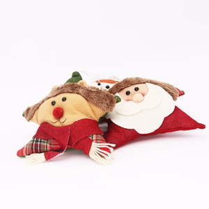 Detailed fabric star hangers featuring Santa and reindeer with festive plaid scarves