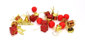 Detailed set of Christmas tree ornaments featuring red gift boxes and golden bells