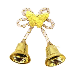 Christmas wreath bells with gold metal ornaments, white mesh bow and yellow butterfly