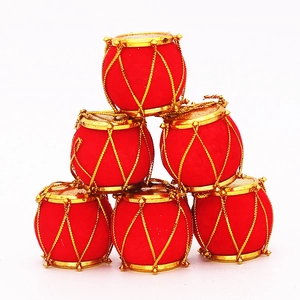 Set of six red flocked Christmas drum ornaments with gold cord details and metallic lids