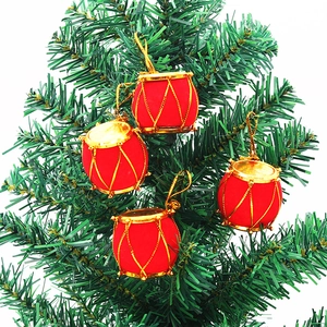 Red Flocked Christmas Tree Drum Ornaments Gold Trim Mini Drum Pendants For Holiday Party Home Decoration