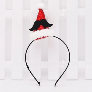 Serre-tête Mini Bonnet de Noël à Paillettes Rouges avec Moustache et Bordure en Peluche Blanche Accessoires de Cheveux de Fête Femme Homme
