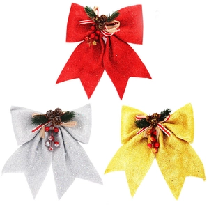 Grande Décoration de Nœud d'Arbre de Noël Avec Pomme de Pin Baies Rouges Aiguilles Ruban Rayé Paillettes Ornement Suspendu