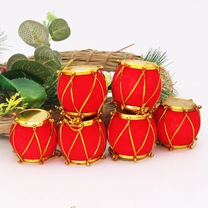 Set of 6 red flocked mini drums with gold trim for Christmas tree hanging decorations