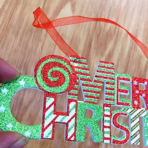 20cm Merry Christmas hanging ornament with red and green glitter for tree decoration