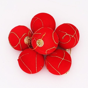 Set of six 5cm red flocked Christmas balls with gold glitter patterns for tree decor