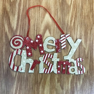 20cm Merry Christmas glitter wooden sign ornament with red stars and stripes for tree