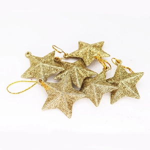 Set of six gold glittery star ornaments with hanging cords for Christmas tree decoration