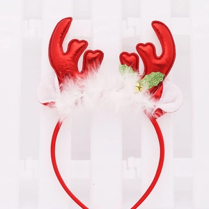 Christmas reindeer antler headband with red shiny finish, white fur and green holly leaves
