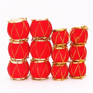 Set of 12 red flocked Christmas drum ornaments with gold mesh and metallic trim