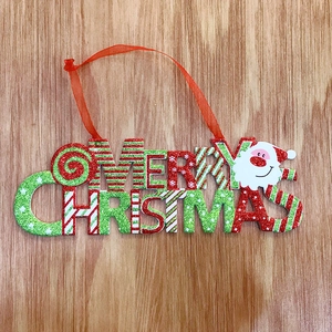 20cm Merry Christmas door hanging sign with red green white glitter and Santa Claus motif