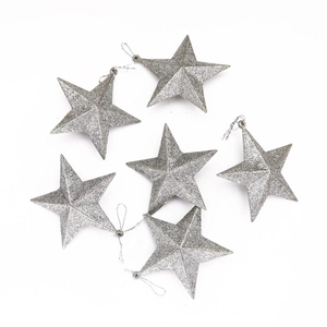 Set of 6 silver glitter star ornaments for Christmas tree decoration with hanging strings