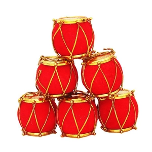 Set of 6 red flocked mini Christmas drums with gold trim for festive tree decorations