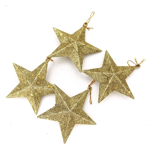 Lot de quatre étoiles dorées pailletées pour décoration de sapin de Noël avec cordons