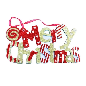 20cm Merry Christmas tree ornament with red and white stripes and golden glitter finish