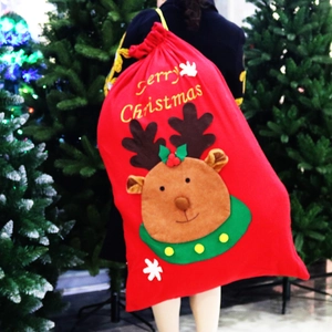 Extra large red Christmas drawstring gift bag with 3D reindeer and Merry Christmas embroidery