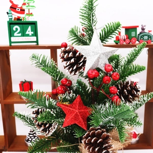 Mini Christmas tree with pine cones, red berries and stars on burlap base detail