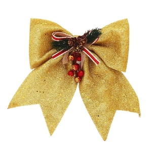Grand nœud de Noël doré 23x27cm avec pommes de pin et baies pour décoration de sapin