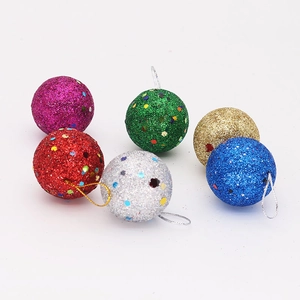 Set of six glittery Christmas ball ornaments in multiple vibrant colors with hanging loops