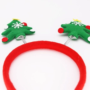 Christmas headband with red plush band and spring-mounted green felt tree with snow stars