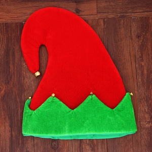 Classic red and green elf hat with gold bells for Christmas party costumes