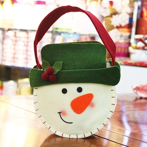 Handmade Christmas snowman felt gift bag with green top hat and red handles for candy
